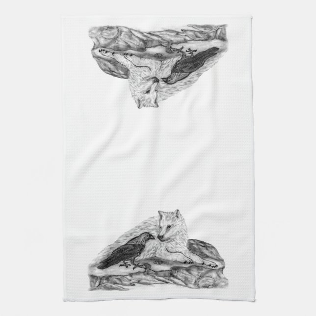Linge De Cuisine Wolf and Raven black and white design (Vertical)