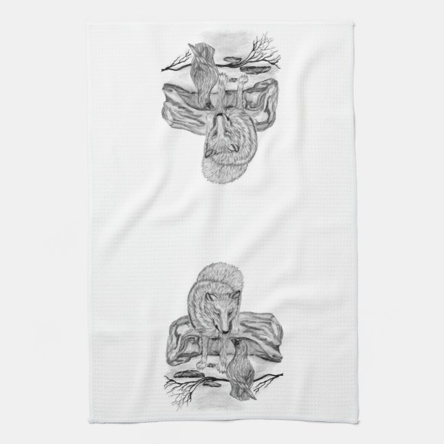 Linge De Cuisine Wolf and Raven black and white design (Vertical)
