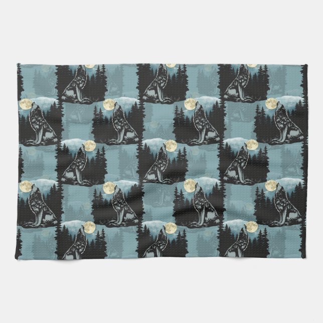 Linge De Cuisine Wolf Howling À Moon Design Motif (Horizontal)