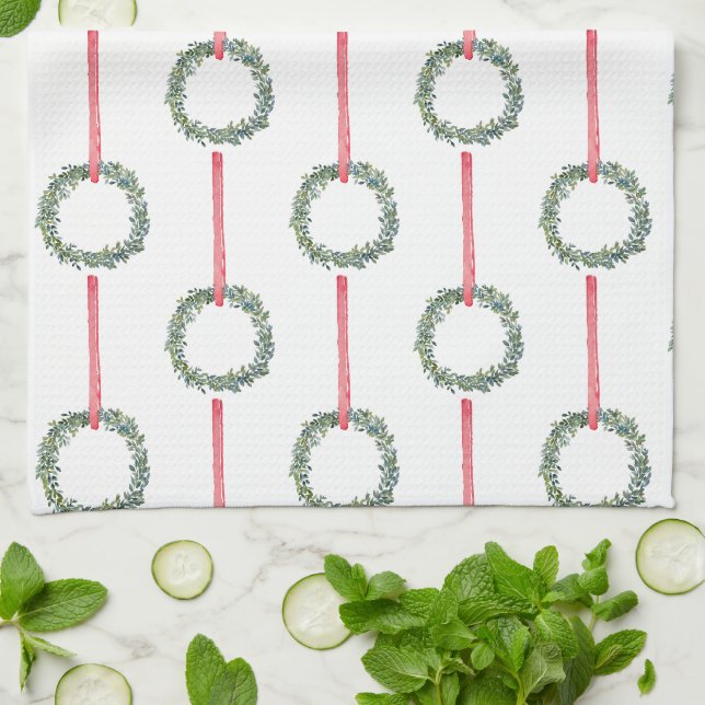 Linge De Cuisine Wreath en Boxwood de Noël rouge (Plié)
