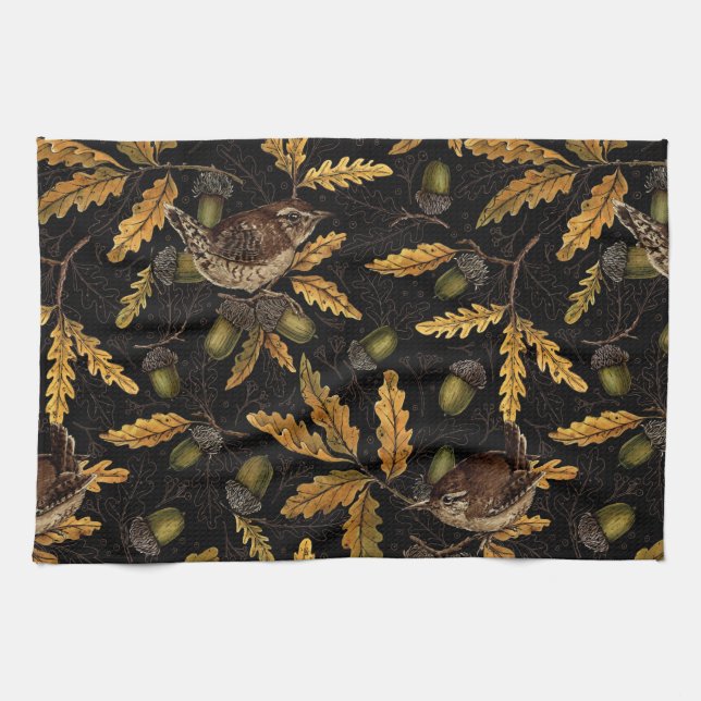Linge De Cuisine Wrens et cors sur noir (Horizontal)