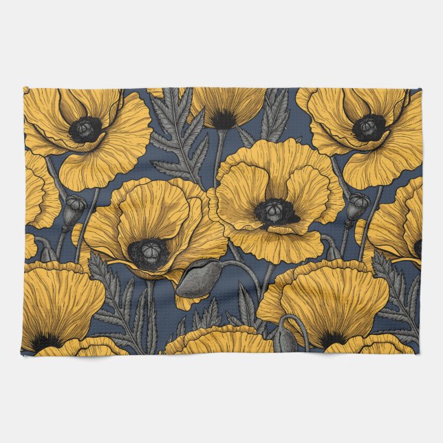 Linge De Cuisine Yellow poppies on navy (Horizontal)