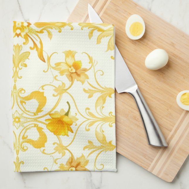 Linge De Cuisine Yellow Tulip Damask Easter Kitchen Towel (Quart Plié)