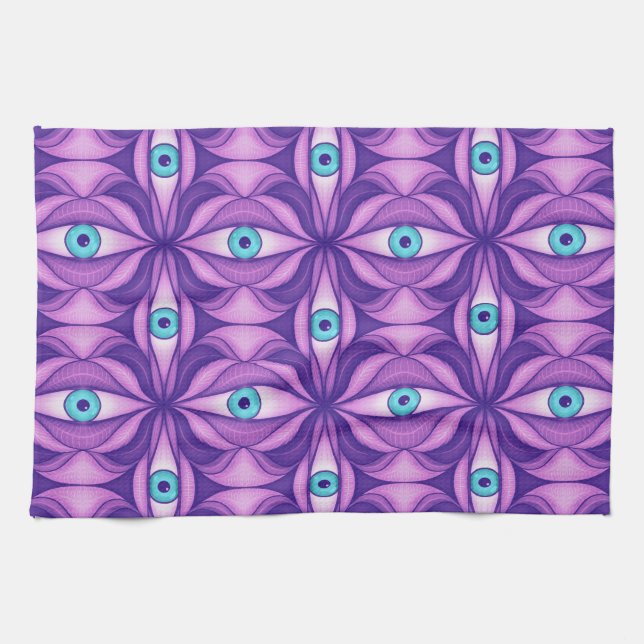 Linge De Cuisine Yeux Bleus Quirky Dans Motif Mystique Violet (Horizontal)