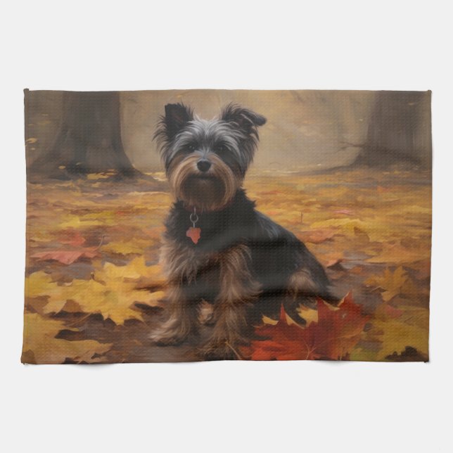 Linge De Cuisine Yorkipoo à l'automne Feuilles automne Inspire (Horizontal)