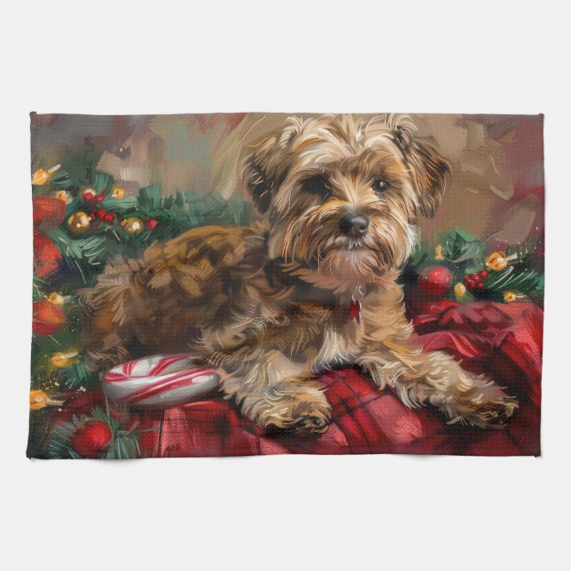 Linge De Cuisine Yorkipoo Chien Fête de Noël (Horizontal)
