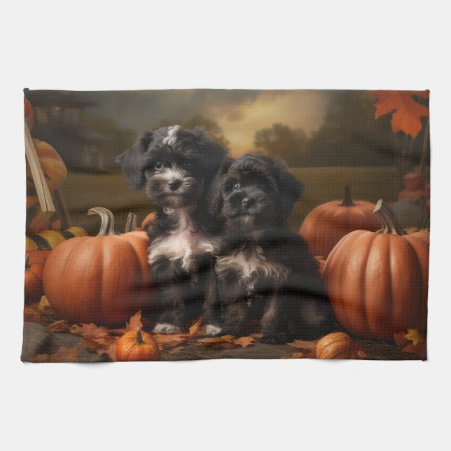 Linge De Cuisine Yorkipoo Chiot Automne Délice Citrouille (Horizontal)