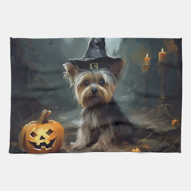 Linge De Cuisine Yorkshire Terrier Citrouilles Halloween Épouvantab (Horizontal)
