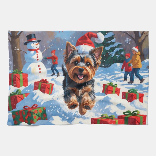 Linge De Cuisine Yorkshire Terrier en neige avec Casquette de Noël (Horizontal)