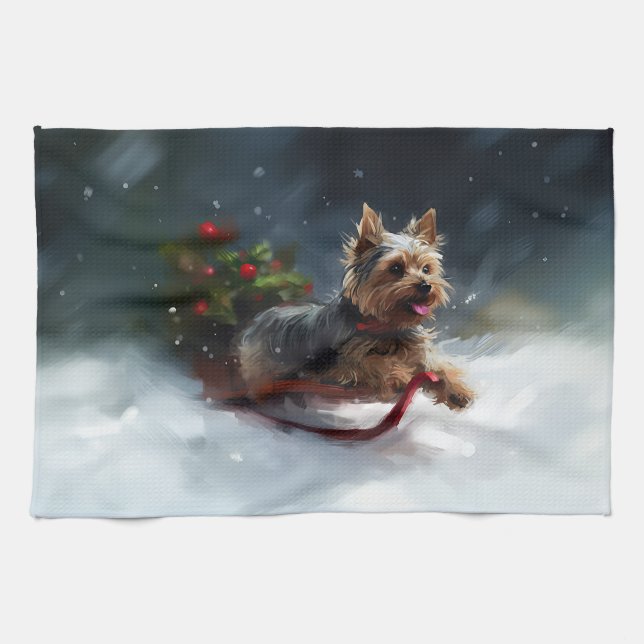 Linge De Cuisine Yorkshire Terrier Noël neige hiver (Horizontal)