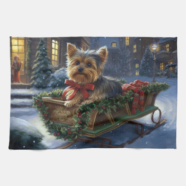 Linge De Cuisine Yorkshire Terrier Saison de Noël festive (Horizontal)