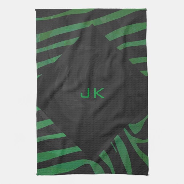 Linge De Cuisine Zebra Monogramme noir et vert (Vertical)