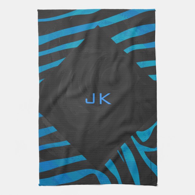 Linge De Cuisine Zèbre Noir et Bleu avec Monogramme (Vertical)