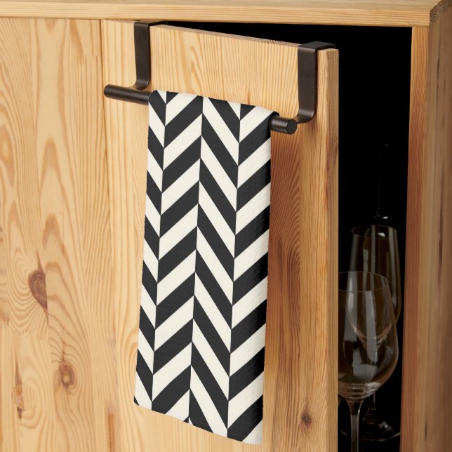 Linge De Cuisine Zigzag Herringbone Noir et crème (Pliage en tiers)