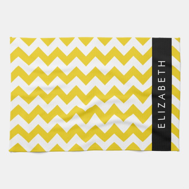 Linge De Cuisine Zigzag Jaune, Chevron Jaune, Votre Nom (Horizontal)