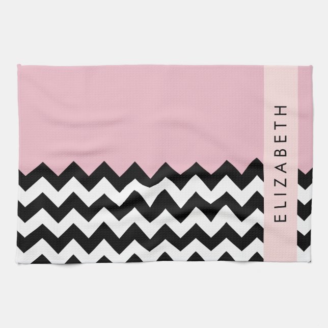 Linge De Cuisine Zigzag noir et blanc, Chevron, rose, Votre nom (Horizontal)