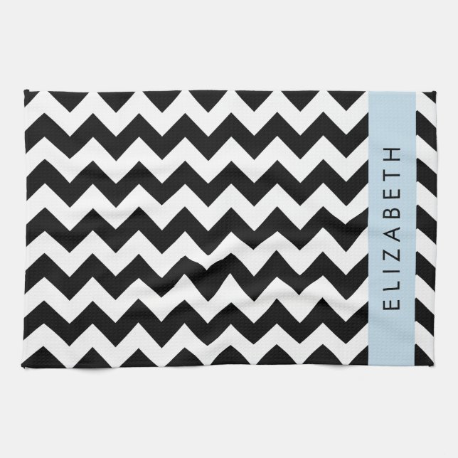 Linge De Cuisine Zigzag noir et blanc, Motif Chevron, Votre nom (Horizontal)