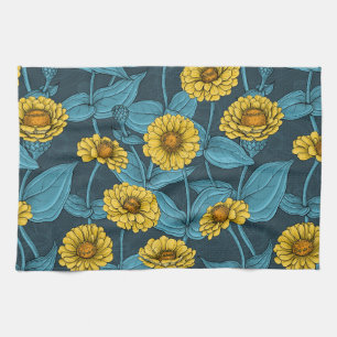 Linge De Cuisine Zinnias jaune sur bleu foncé