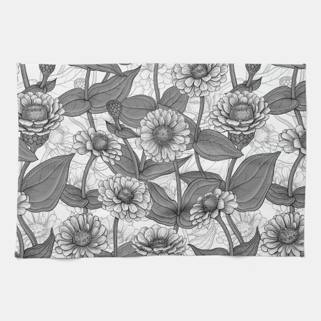 Linge De Cuisine Zinnias, monochrome sur blanc (Horizontal)