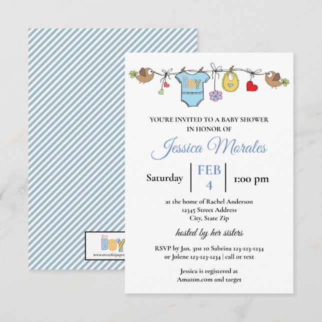 Linge de garçon - Faire-part de Baby Shower 3x5 (Devant / Derrière)