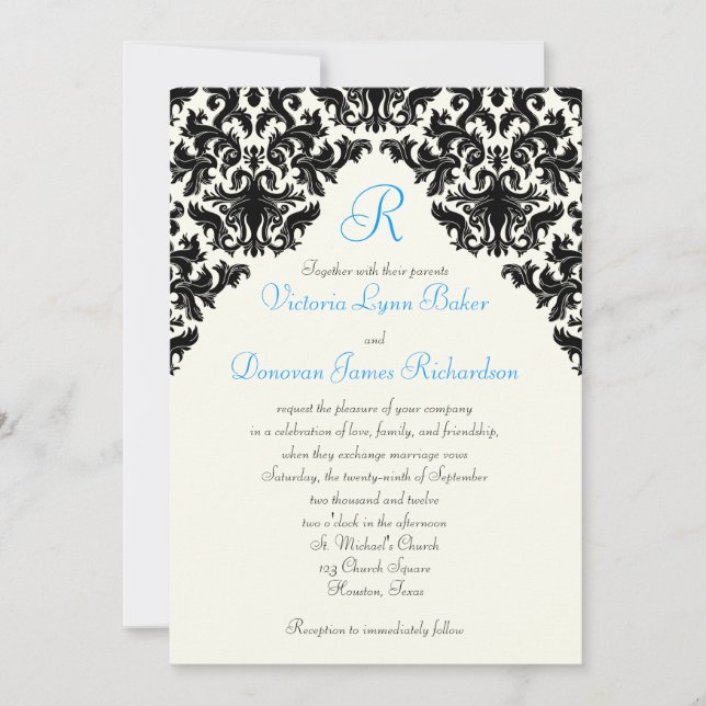 Linge d'ivoire et noir Damas Invitation monogrammé (Devant)