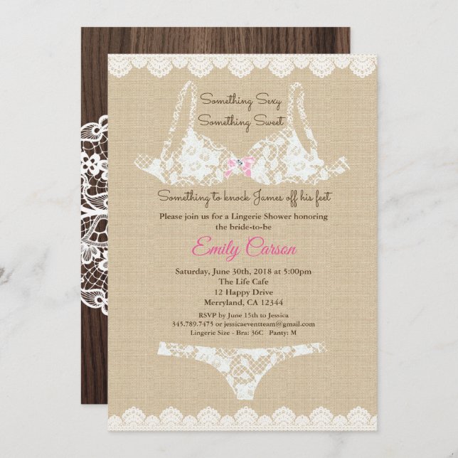 Lingerie douche bracelet dentelle invitation bois  (Devant / Derrière)