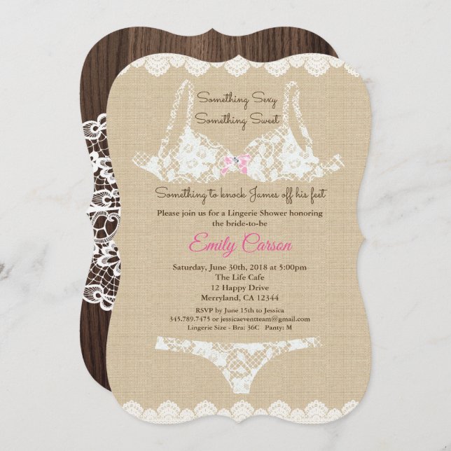 Lingerie douche burlap dentelle invitation bois ru (Devant / Derrière)