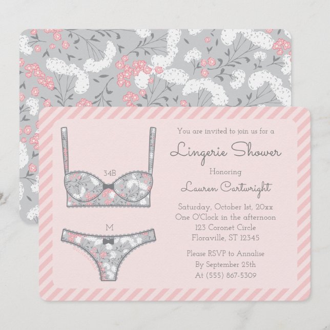 Lingerie rose Douche Gris Floral Invitation (Devant / Derrière)
