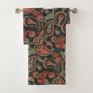 Linocut Traditionnel Paisley Chaud Orange Mint Ver