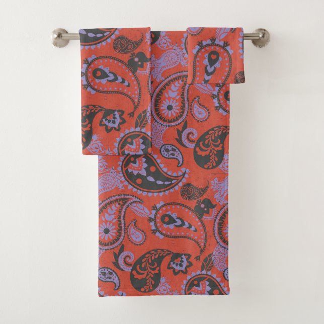Linocut Traditionnel Paisley Vivid Orange Violet (En situation)
