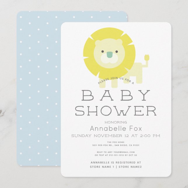 Lion Baby Blue Boy Baby shower Invitation (Devant / Derrière)