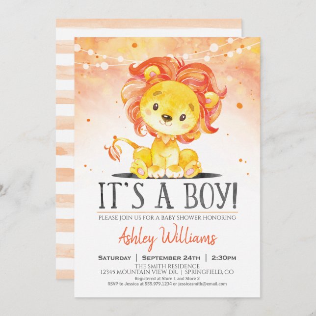 Lion Baby shower Orange Boy Invitation (Devant / Derrière)