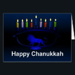 Lion bleu Menorah<br><div class="desc">Une menorah de Chanukkah bleu sur le thème du lion avec des bougies éclairées. Ajoutez votre propre texte.</div>