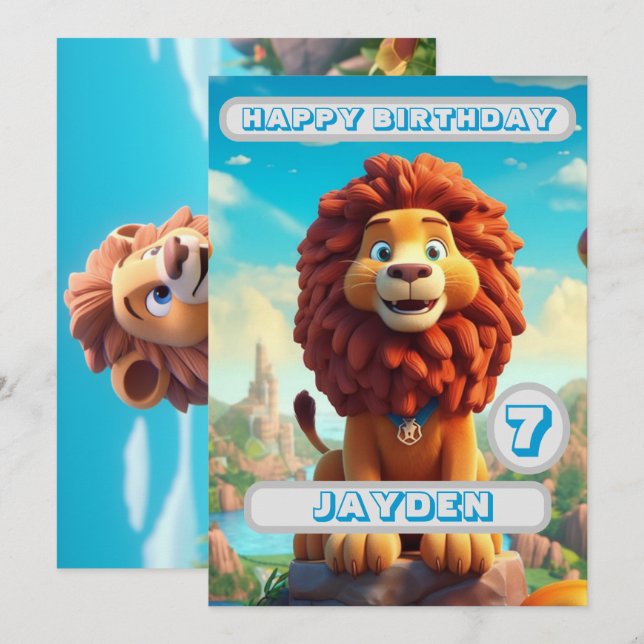 Lion Carte d'anniversaire Personnalisé Enfants Nom (Devant / Derrière)