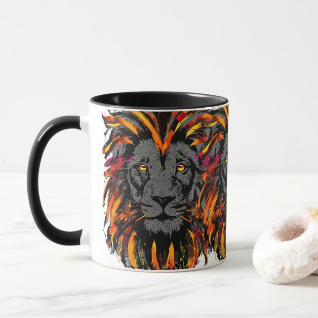 Lion Coffee Mug | Orange Lion Head Illustration (Avec donut)
