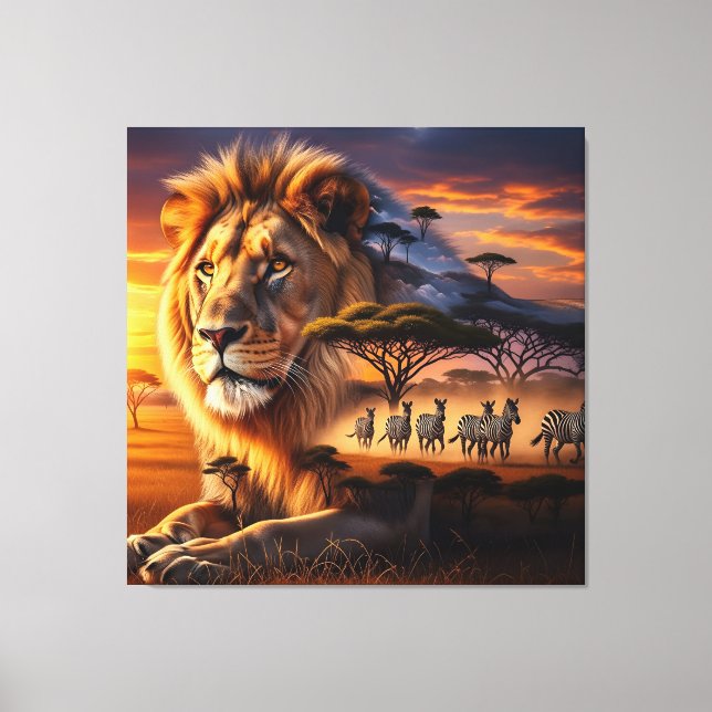 Lion d'Afrique & Zèbre Coucher de soleil Toile d'a (Recto)
