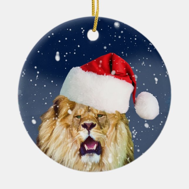 Lion de Noël en ornement de casquette de Père Noël (Devant)