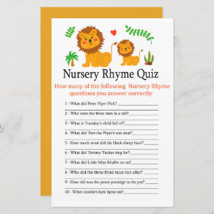 Lion Nursery Rhyme Quiz jeu de baby shower