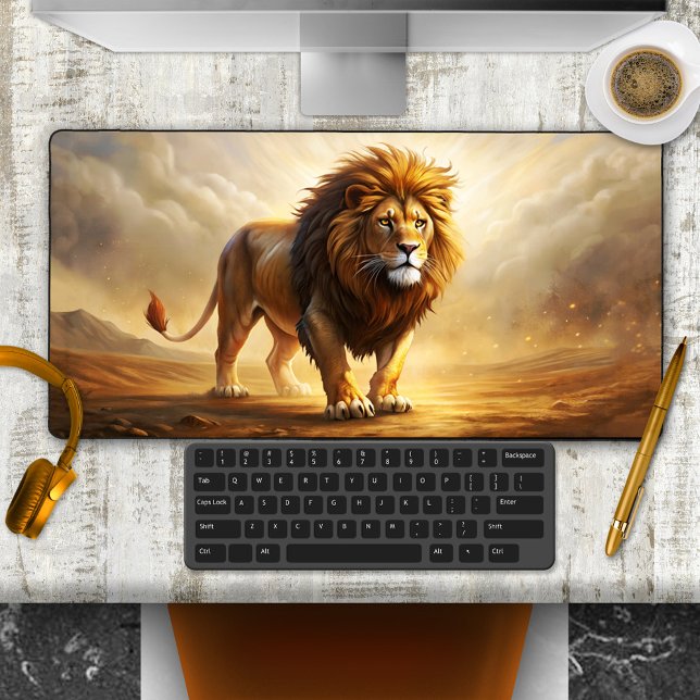 Lion Safari Nature (Desk mat featuring a fine art painting of an impressive lion - safari majestic big cat )
