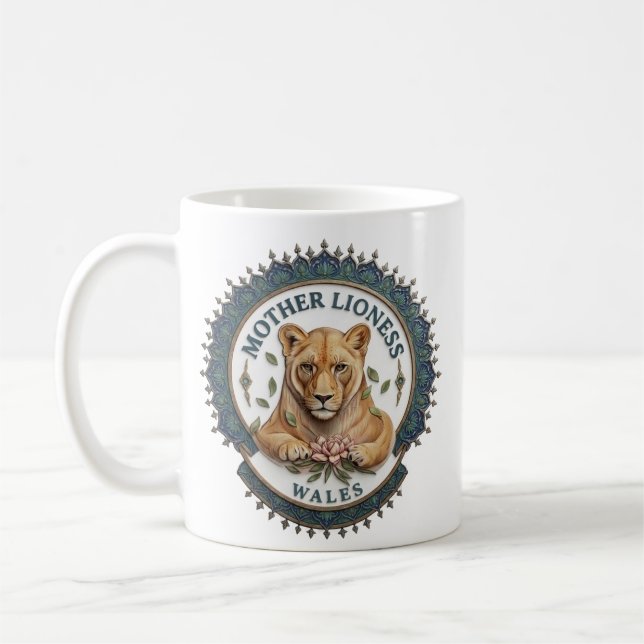 Lionne Mère. Tasse à café du Pays de Galles (Gauche)