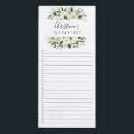 Liste d'achats floraux blancs frais<br><div class="desc">Bac à cocher et doublure design de la liste d'achat de marché avec une aquarelle cadre de fleurs blanches feuilleté personnalisée avec votre nom.</div>