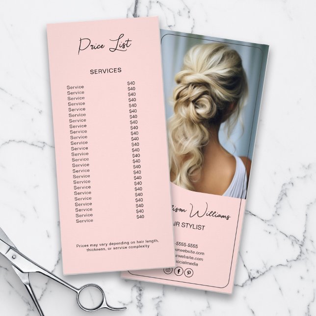 Liste de cheveux - Liste de prix moderne rose (Hair Stylist Modern Pink Price List Rack Card)