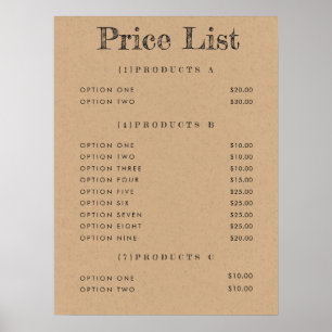 Liste de prix de fond Kraft Menu Impression mate