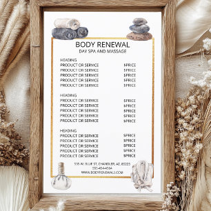 Liste de prix des services de massage Spa aquarell