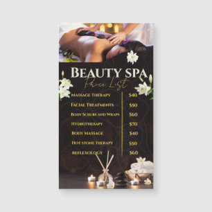 Liste de prix des services de spa Menu