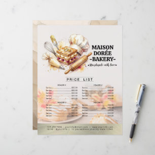 Liste de prix du menu du chef pâtissier de la boul