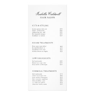 Liste de prix élégante de salon de coiffure noir e