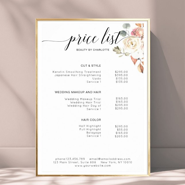 Liste de prix florale moderne Poster (Modern, floral price list Poster)