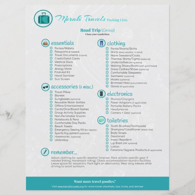 Liste d'emballage : Voyage routier (groupe) (Devant)