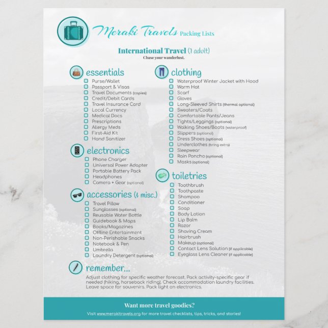 Liste d'emballage : Voyages internationaux (1 Adul (Devant)